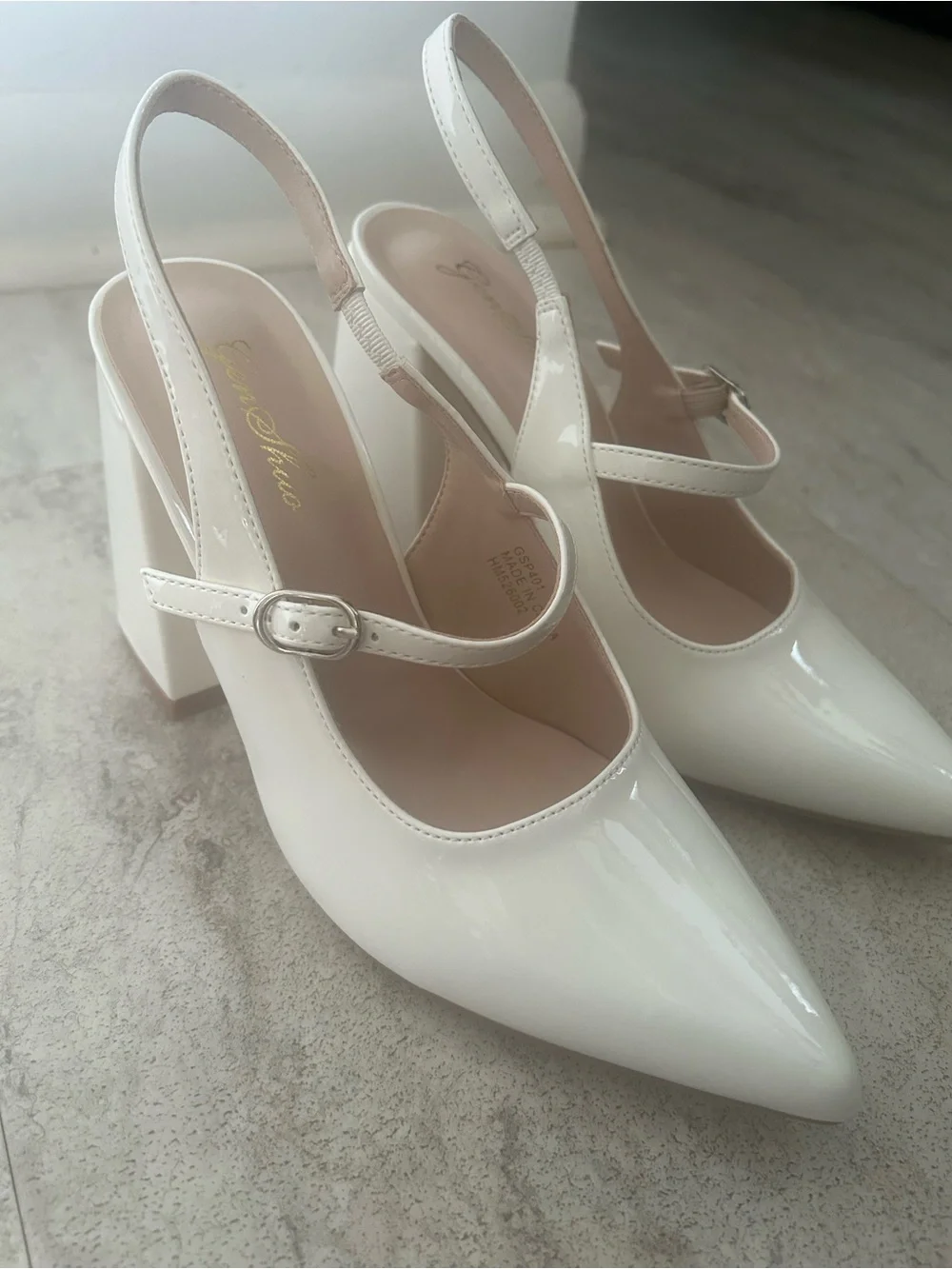 White Patent Mary Jane Block Heel Slingback Pumps